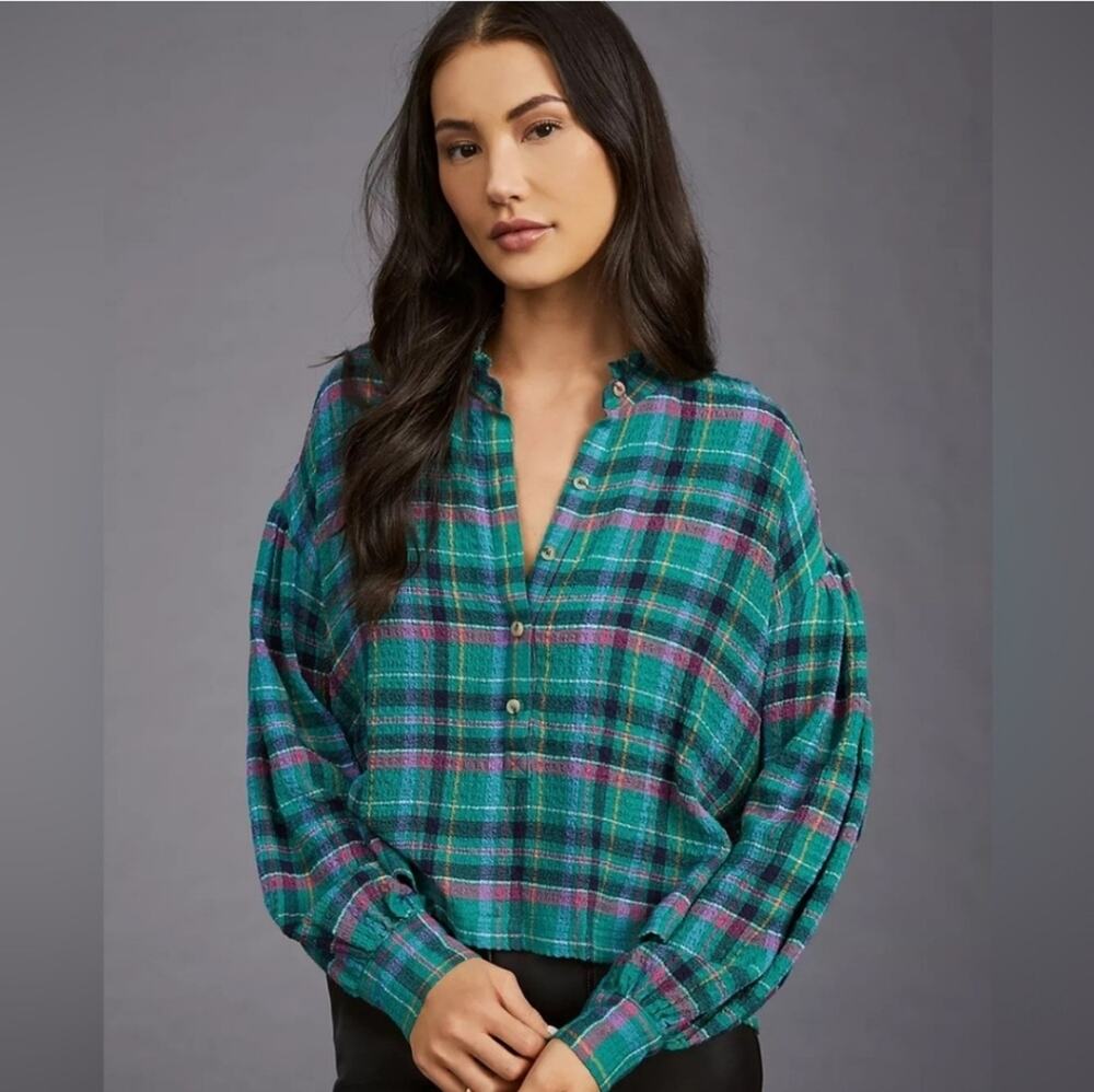 Anthro Pilcro Plaid Long Sleeve Blouse Size Large